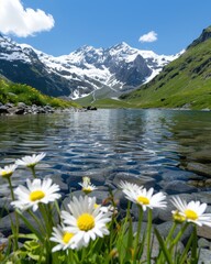 Serene mountain lake with snow-capped peaks and wildflowers