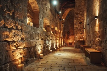 Fototapeta premium Ancient Stone Corridor Lit by Candles