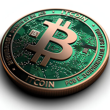 Unveil the mysteries of cryptocurrency with a close-up of a Bitcoin coin emblazoned with intricate circuitry. The coin rests against a stark white background
