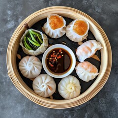 A bamboo steamer basket filled with assorted dim sum, including shrimp dumplings, pork buns, and vegetable rolls. Accompanied by soy sauce and chili oil.