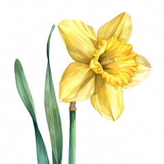 Graceful yellow daffodil with vibrant green stem, simple watercolor illustration isolated on a white background 