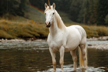 Obraz premium Majestic white unicorn standing in a river