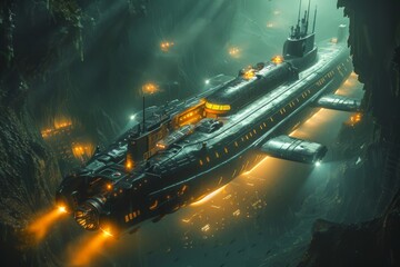 Submarine Navigating Underwater Canyon