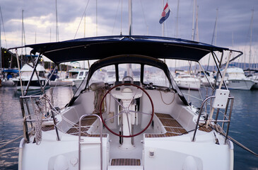 Luxury traveling. Interior of modern sailing yacht.