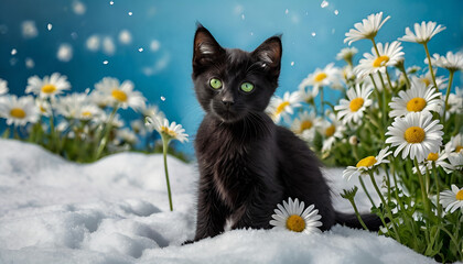 black kitten with daisies, black kitten with daisies