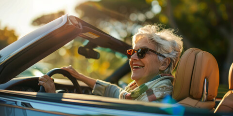 a retired woman drives a luxury convertible car being on vacation