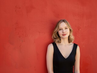 Fototapeta premium young woman in black dress against red wall