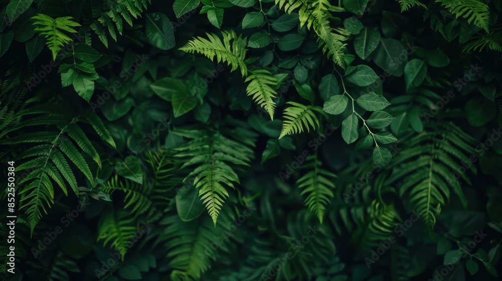 Wall mural Lush green tropical foliage with various fern and leaf shapes, creating a dense and vibrant jungle background.