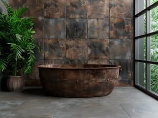 Fototapeta premium modern rustic bathroom interior with wooden tub and tropical plants