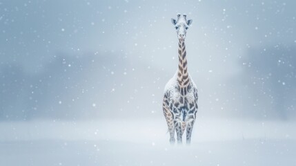 Majestic giraffe standing in a serene snow-covered landscape, surrounded by falling snowflakes. A unique and rare sight of wildlife in winter.