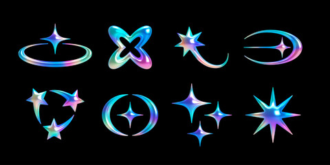 Set of 3d abstract y2k shapes – star, comet, spark, crescent. Vector holographic chrome objects with shiny rainbow surface for cosmic, sci-fi, retrofuturistic, cyberpunk, celestial designs © Derter