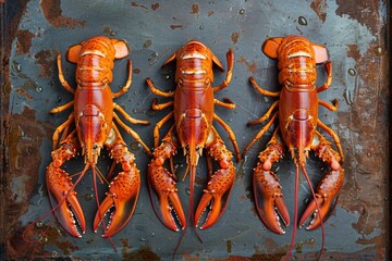 Three Steamed Lobsters on Metal Tray