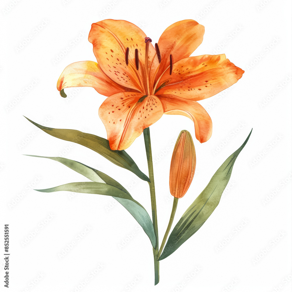 Wall mural Striking orange lily with bold green stem, simple watercolor illustration isolated on a white background 