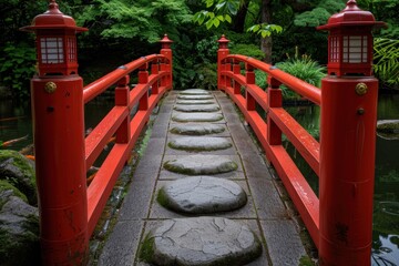 Vibrant red bridge in lush japanese garden
