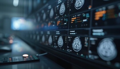 MRI scans displayed on multiple monitors in a medical imaging facility, showcasing advanced technology and healthcare diagnostics.