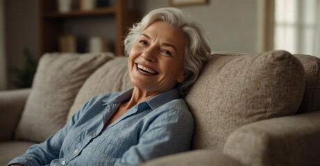 Obraz premium Cheerful older woman on cozy couch, smiling with perfect teeth, enjoying leisure