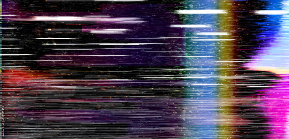 Poster Abstract background with datamoshing effect and holographic pixelated glitches. Concept of bug in program or video decay.