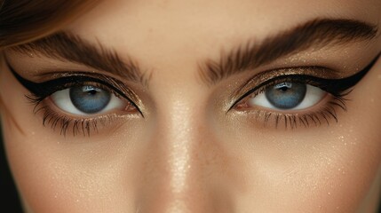 Obraz premium Beauty Model Close-up: A close-up of a models eyes with a classic cat-eye eyeliner look. Sleek and perfect eyeliner with a neutral eyeshadow for contrast. Fashion, beauty, cosmetics.