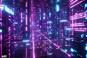Fototapeta premium Explore the futuristic realm of coding with this holographic environment illuminated by vibrant neon lights Dive into a visually stunning depiction of digital innovation and creativity