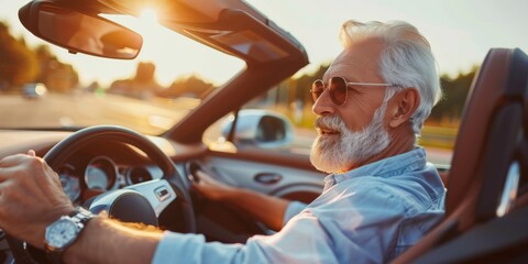 retired man drives a luxury convertible car being on vacation
