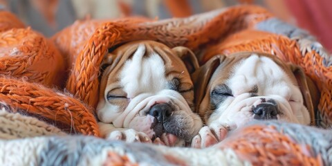 Two Adorable Bulldog Puppies Snuggling Deeply in a Cozy Blanket, Lost in Dreams: A High-Resolution AI-Generated Wallpaper Background Capturing Warmth and Comfort