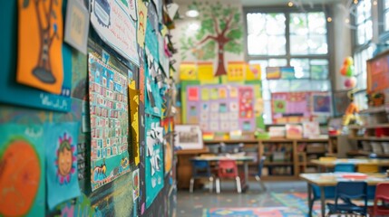 Naklejka premium A classroom full of bright colors and student artwork.