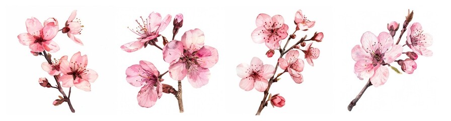 Watercolor pink cherry blossom branches against a white background, symbolizing spring renewal, beauty, and aligning with the Japanese Hanami festival and romantic themes