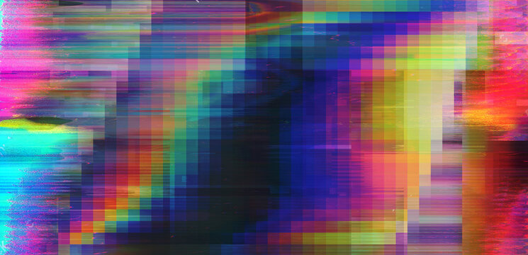 Abstract background with datamoshing effect and holographic pixelated glitches. Concept of bug in program or video decay.