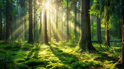 Obraz premium A beautiful forest with sunlight shining through the trees