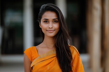Smiling woman in orange saree