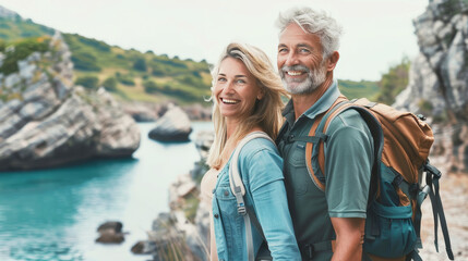 A happy middle aged couple hiking on a coastal path
