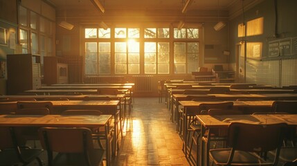 Early morning in the classroom, the sun is shining through the windows.