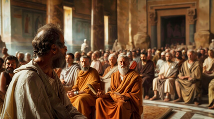 Ancient philosophers speaking to audience in a historical setting