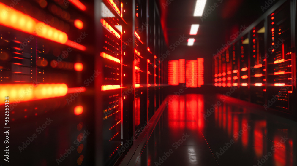 Poster a row of computer servers in a data center. concept of cyberspace, communication and technology.