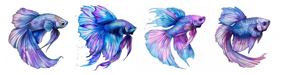 A vibrant illustration of four colorful betta fish with elegant flowing fins, perfect for aquatic-themed designs, pet care blogs, or nature art enthusiasts