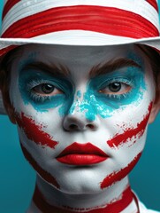 Dramatic face paint with red and blue colors