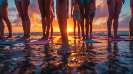 Surfers standing in the water at sunset