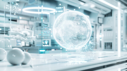 Hologram or plasma sphere in a white research lab. Advanced futuristic technology concept.