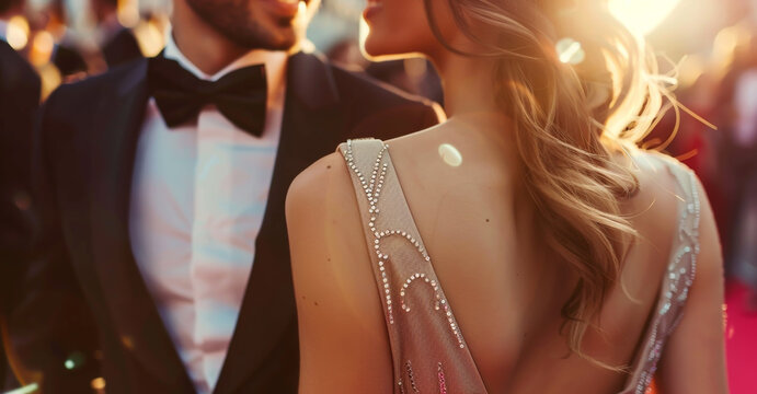 Beautiful woman in an evening dress and a handsome man at a red carpet event