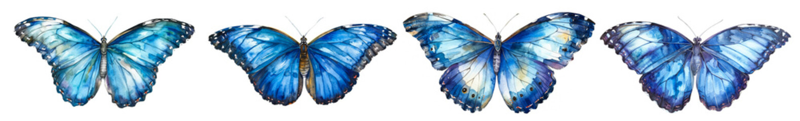 Four vibrant blue watercolor butterflies on a white background, symbolizing nature, transformation, and tranquility, perfect for spring, Earth Day, or environmental awareness themes