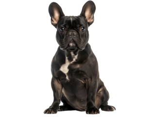 Full body shot of French Bulldog dog, sitting, looking around curiously.