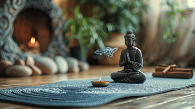 The photo shows a serene Buddha statue sitting on a yoga mat in a peaceful room