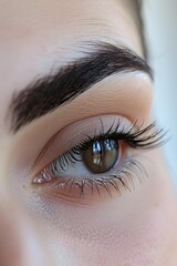Obraz premium Perfect Eyebrows and lashes: A close-up shot of a model's eyebrows, groomed and filled to perfection. Fashion, beauty, cosmetics.
