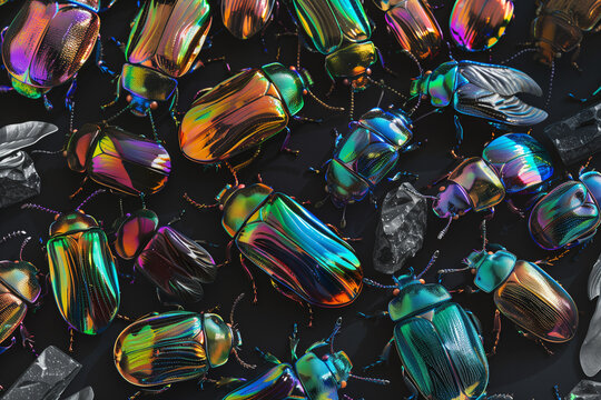 A pile of beautiful iridescent beetle, colorful glass and stone carvings