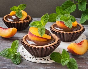 Schokoladentartelettes mit frischen Pfirsichen und Melisse