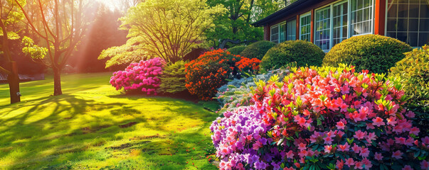 Beautiful colorful flower garden with azalea and rhododendron flowers in front of luxury house