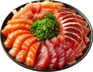 A beautifully arranged sashimi platter featuring fresh salmon and tuna slices, garnished with green onions, on a black plate.