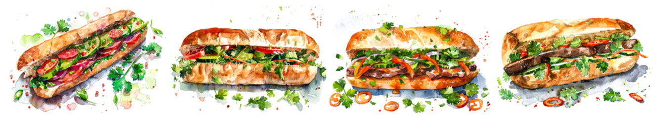 Colorful watercolor illustrations of Vietnamese banh mi sandwiches, highlighting fresh vegetables and herbs, perfect for food blogs, culinary arts, and street food festivals