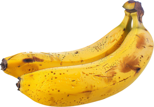 A pair of ripe, spotted bananas on a white background. Perfect for healthy eating, fruit salads, or smoothies.