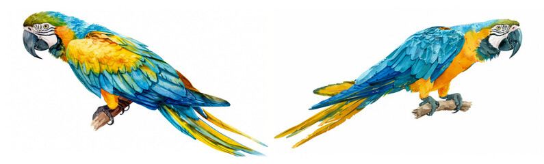 Obraz premium Watercolor paintings of vibrant blue-and-yellow macaws perched on branches, ideal for themes related to wildlife, nature conservation, and tropical holidays
